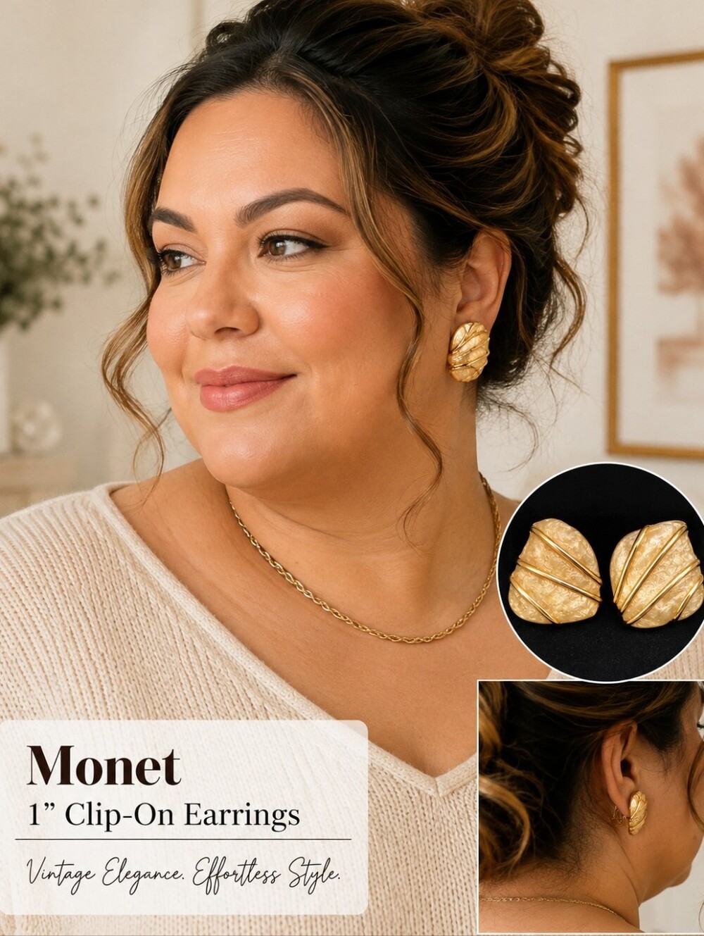 Monet Vintage Gold Tone 1" Textured Clip-On Earrings Signed Designer Statement
